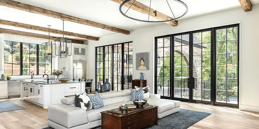 Black Window Frames With White Trim In Contemporary Bedroom